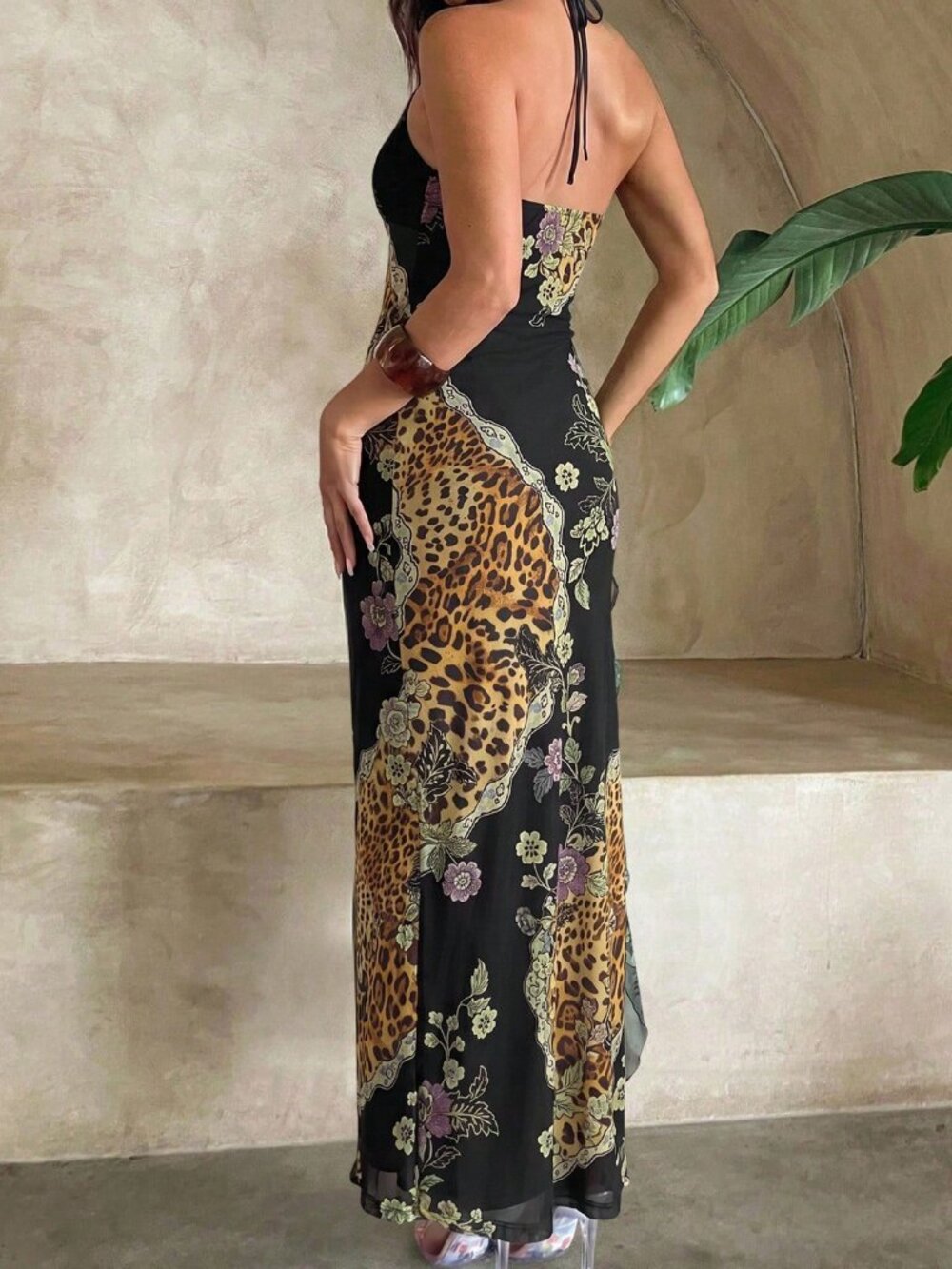 Multicolor Sexy Women's Patchwork Ruffle Hem Slit Dress - Picture 2 of 7